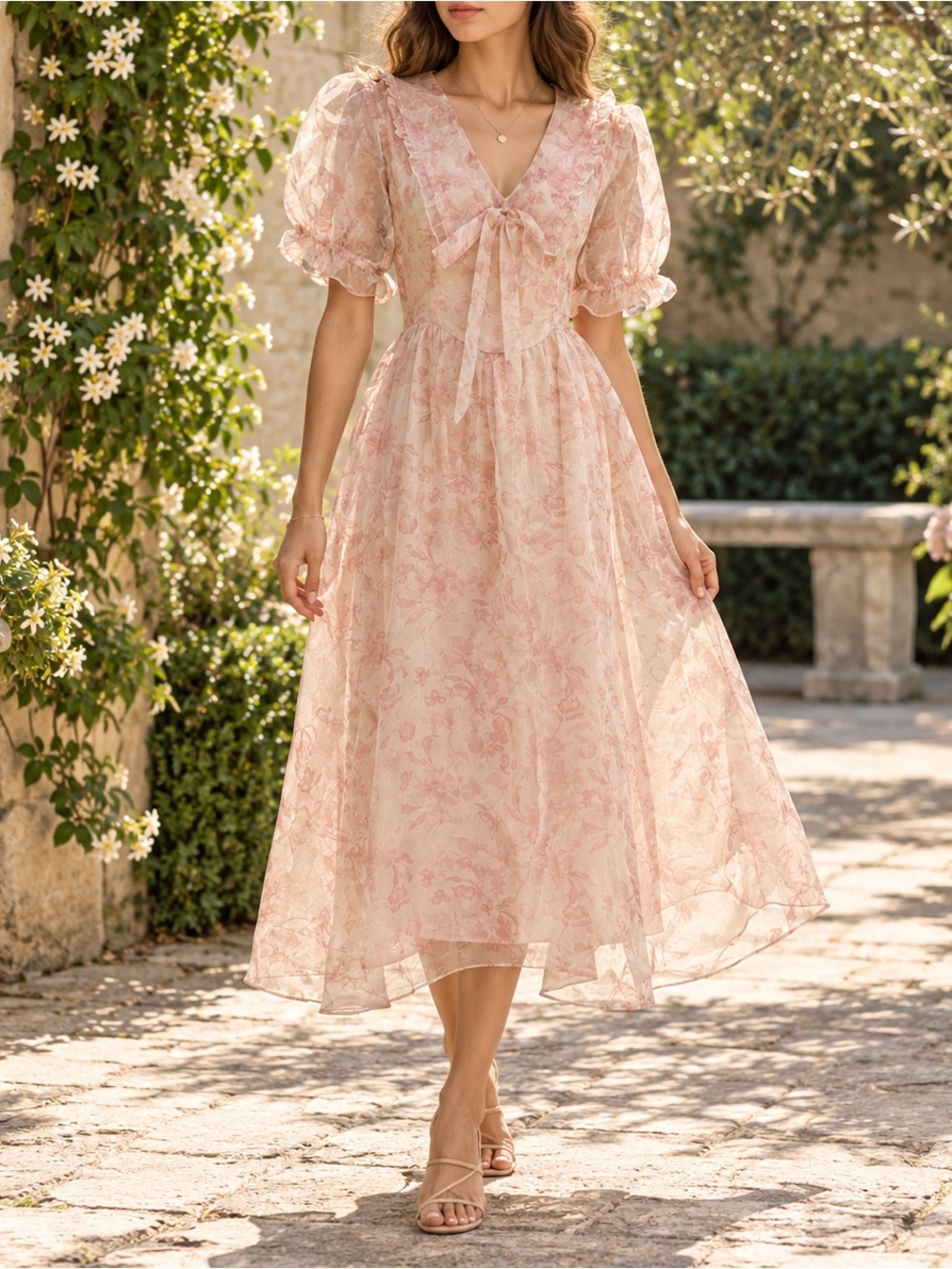 Storia Pink Floral Organza Puff Sleeve Midi Dress S NWOT
